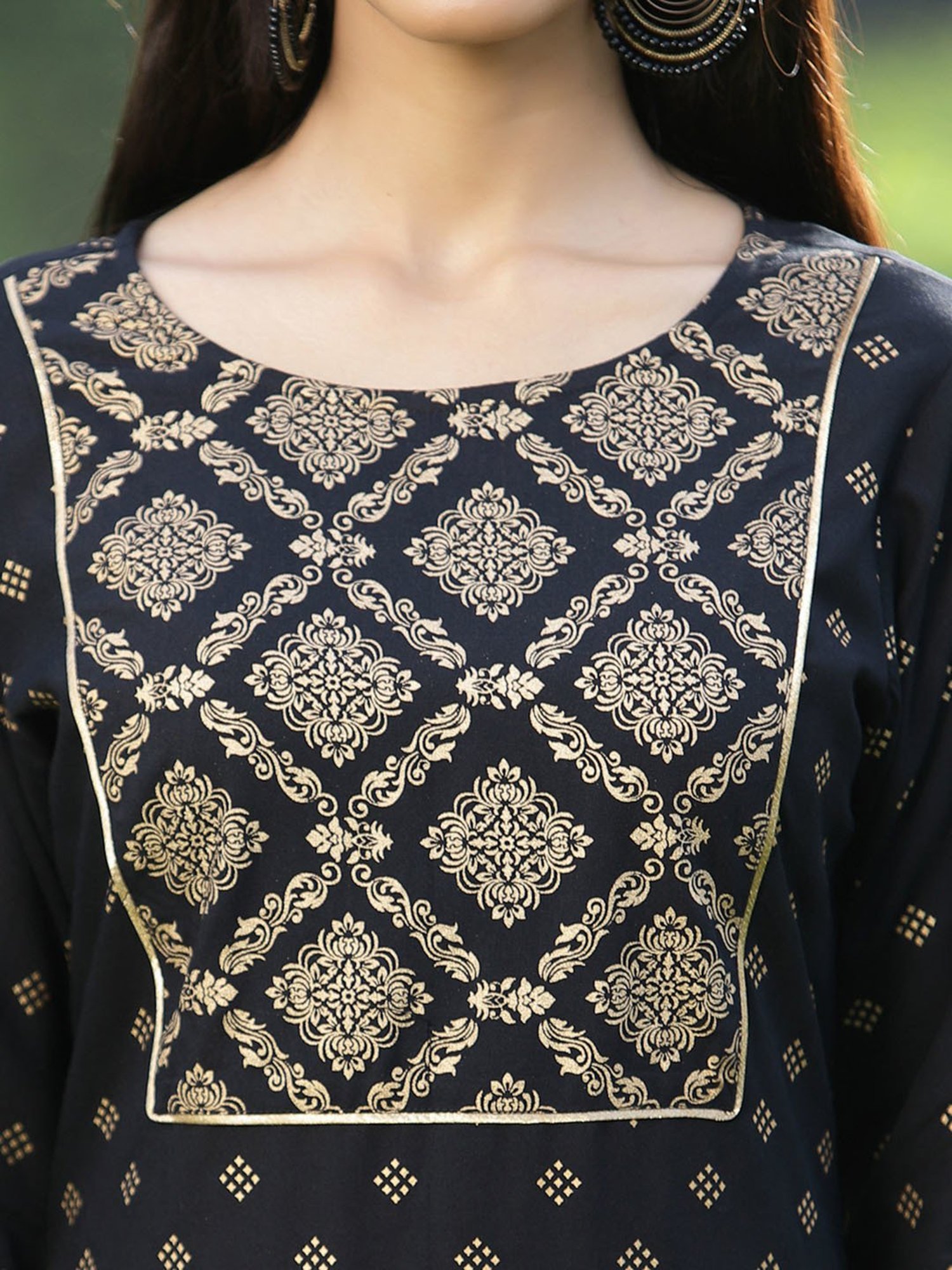 Juniper Black Ethnic Motif Printed Rayon Straight Kurta