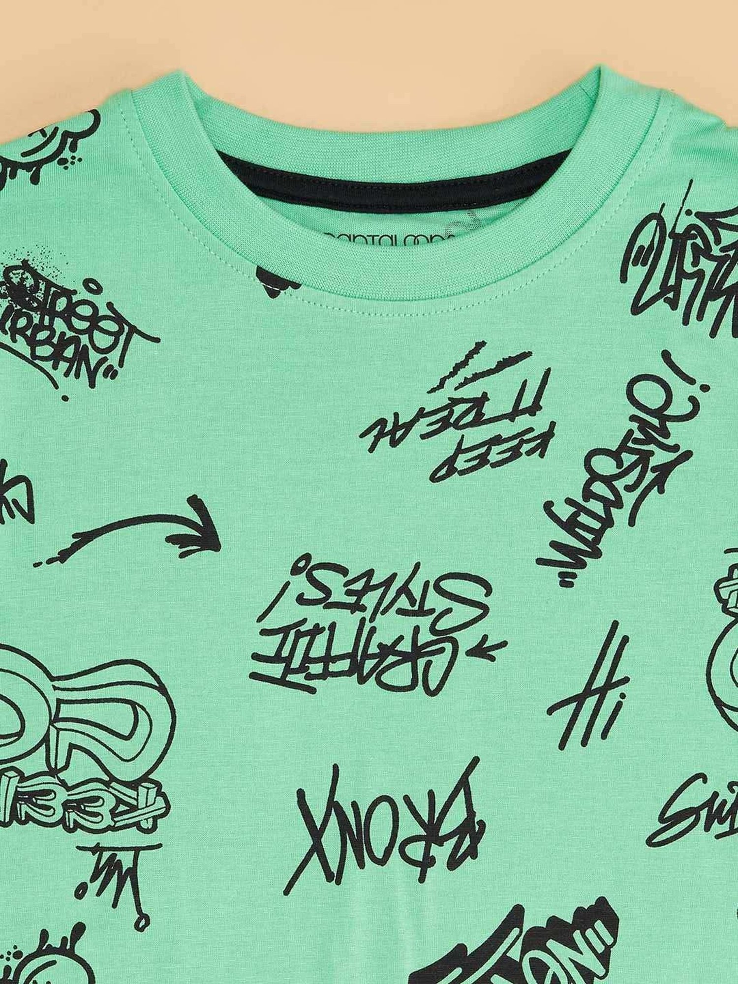 Pantaloons Junior Patina Green & Black Cotton Printed T-Shirt