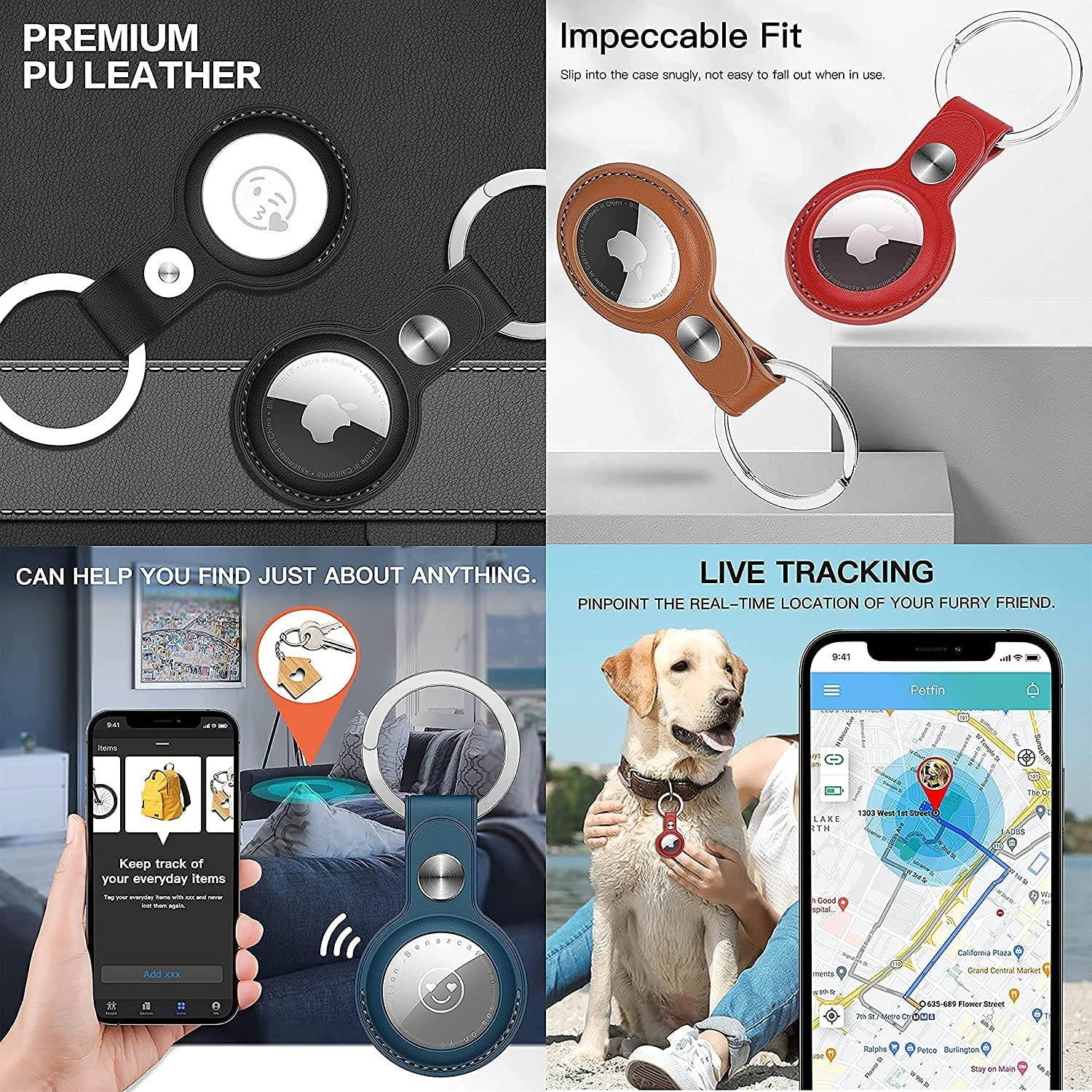 WINSINN Genuine Leather Case for AirTag Finder, Anti-Scratch Protective Skin Cover with Keychain, Compatible with AirTags 2021 (Black)