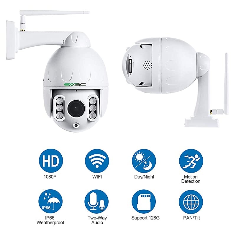 PTZ WiFi Camera Outdoor with Metal IP66 Waterproof Shell HD 1080P Pan 360&deg; Tilt 5X Zoom Wireless Security Camera 196ft IR Night Vision Humanoid Detect Two Way Audio Support SD Card Storage