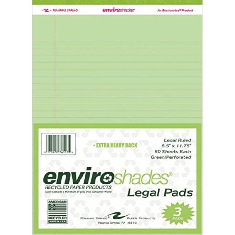 Roaring Spring 74193 Enviroshades Legal Pad, 50 Sheets, Paper, 8-1/2" x 11-3/4" Size, Green (Pack of 3)