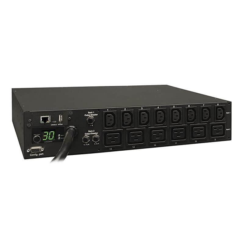 5.8kW Single-Phase Switched PDU with LX Platform Interface, 208/240V Outlets (8 C13 & 6 C19), L6-30P input, 15ft Cord, 2U Rack-Mount, TAA (PDUMH30HV19NET),Black