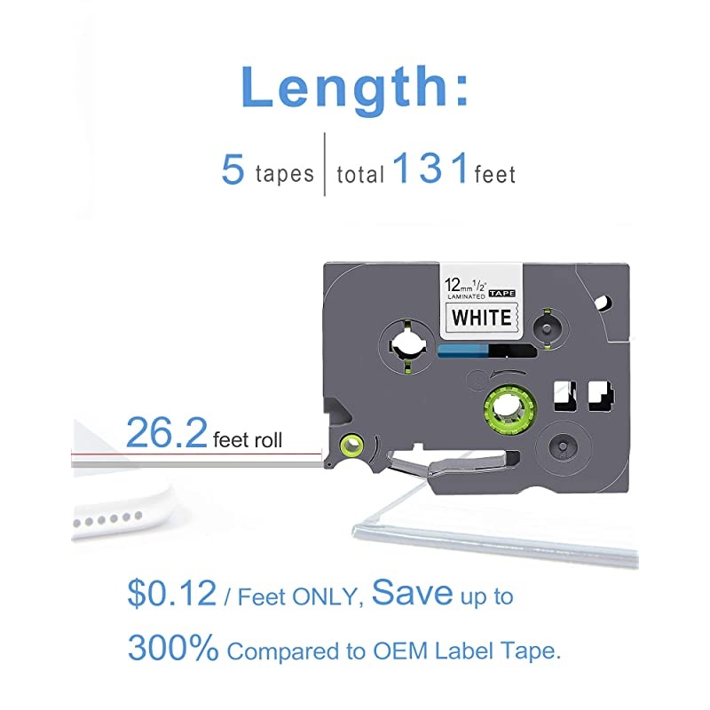 Compatible Label Tape Replacement for P Touch Tapes TZ TZe231 Laminated 12mm 047 Black on White Compatible with Brother PTouch Label Maker PTD210 D450 D400 1280 H110 5 Pack 131 Feet