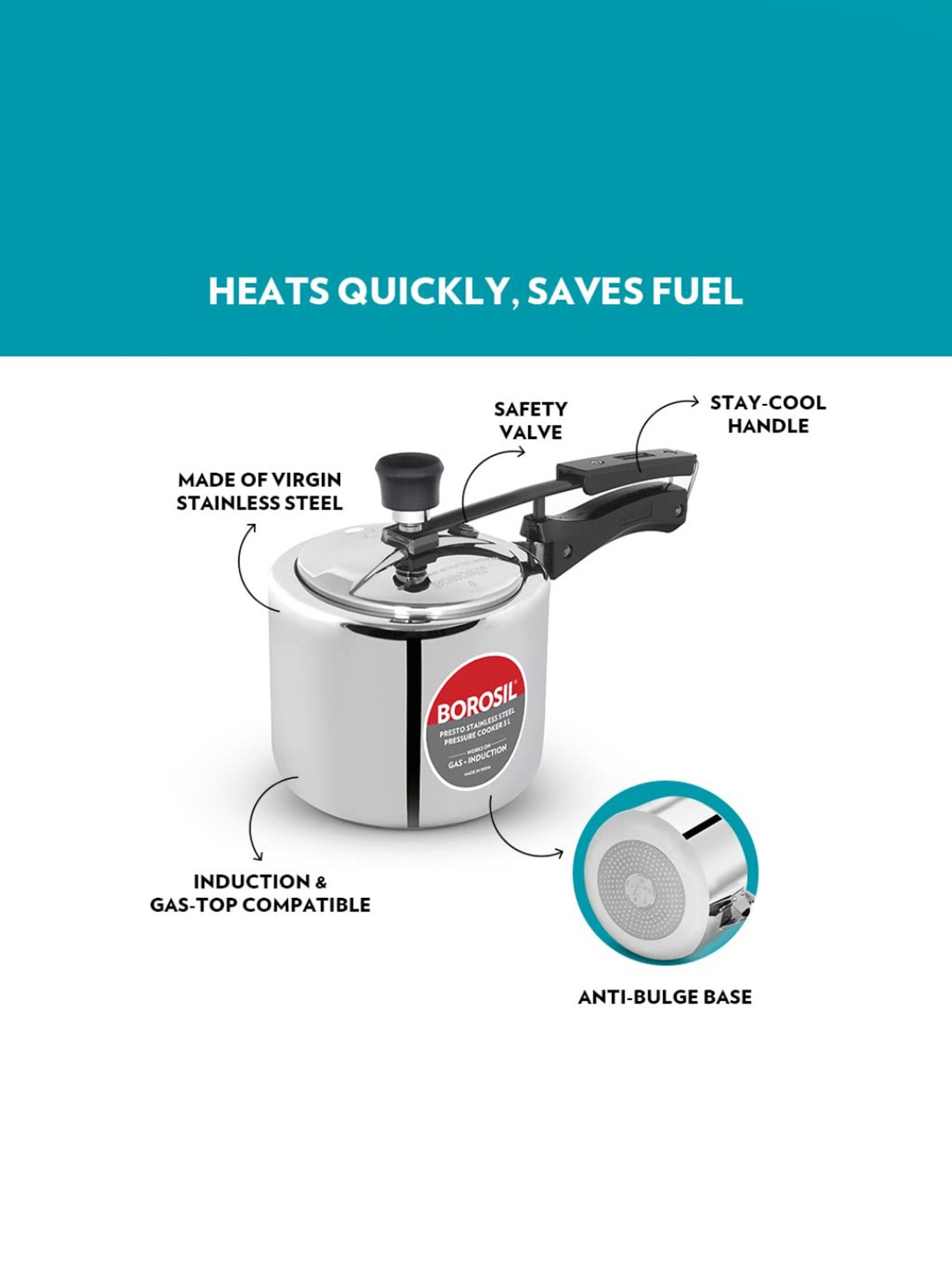 Borosil Presto Pressure Cooker with Induction Base Stainless Steel Inner Lid (Silver,3L)