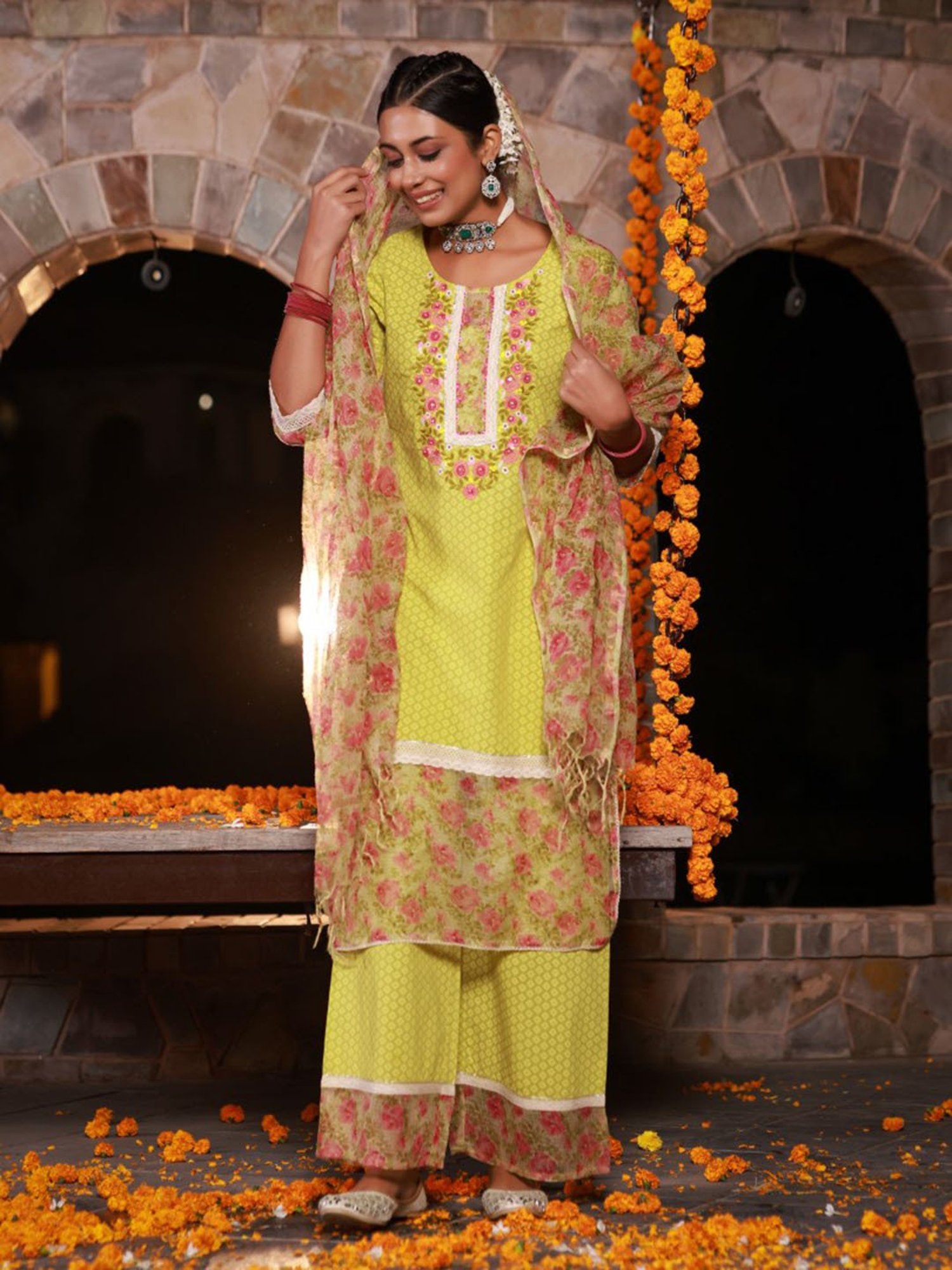 Juniper The Madhubala Green Floral & Lace Cotton Kurta Palazzo Set With Kota Doria Print Dupatta