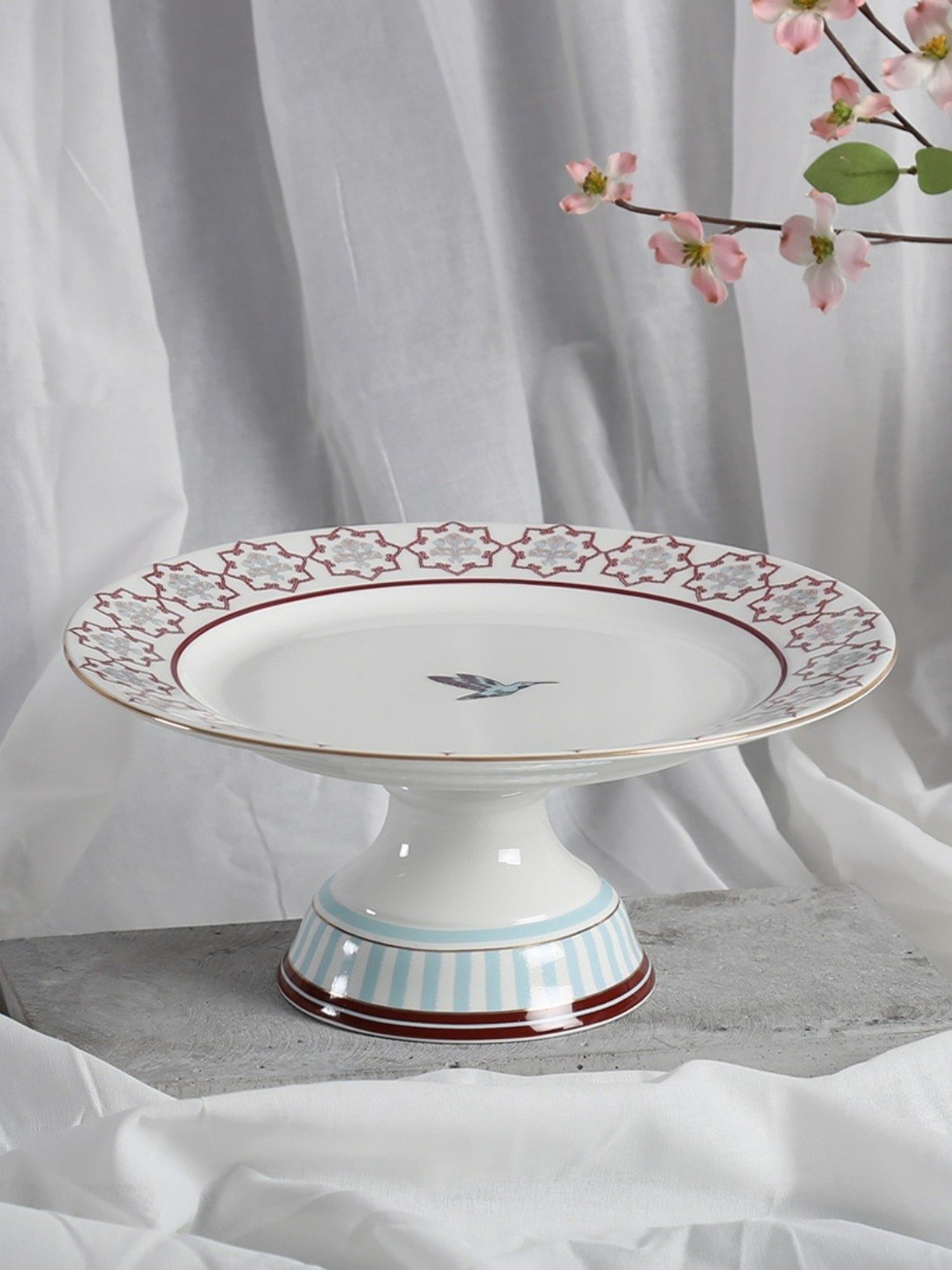 India Circus Color Bordered Pink Bone China Cake Stand