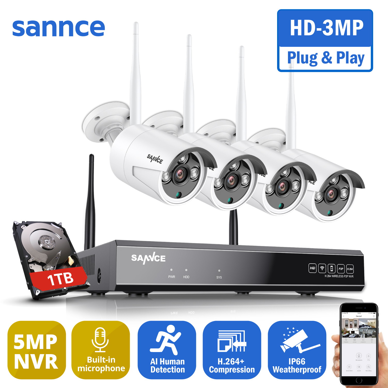 SANNCE 8CH 5MP Super HD Wireless NVR Security Camera System  for Outdoor/Indoor Surveillance Work with Alexa-1TB