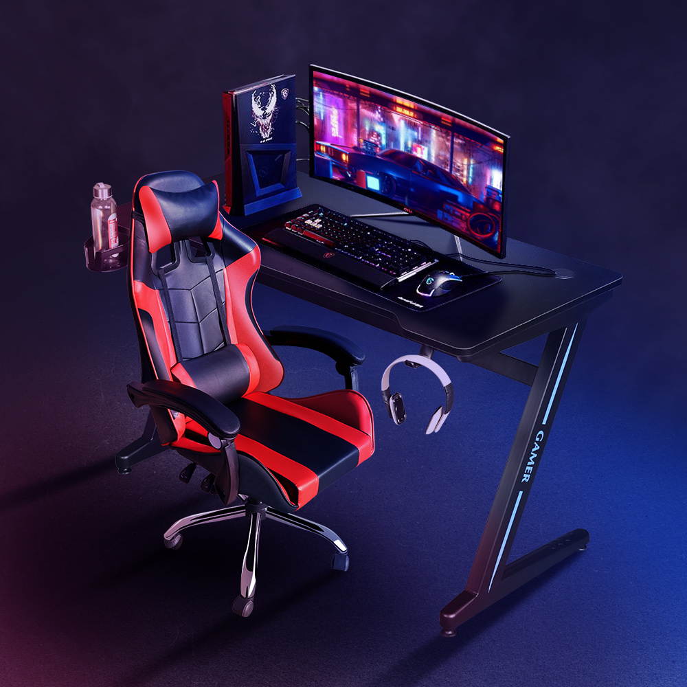 TROPRO Large Gaming Desk 55 Inch Computer Gaming Desk E-Sports Racing Table with with Cup Holder, Headphone Hook for Home Office, Black