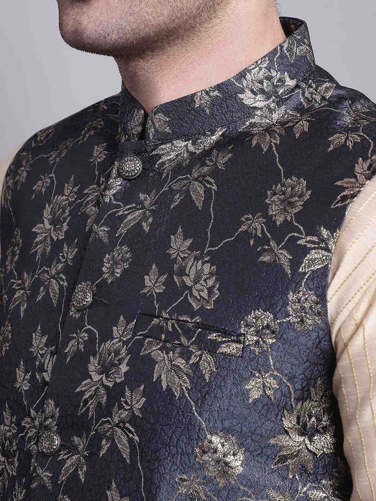 Jompers Dark Grey Regular Fit Printed Nehru Jacket