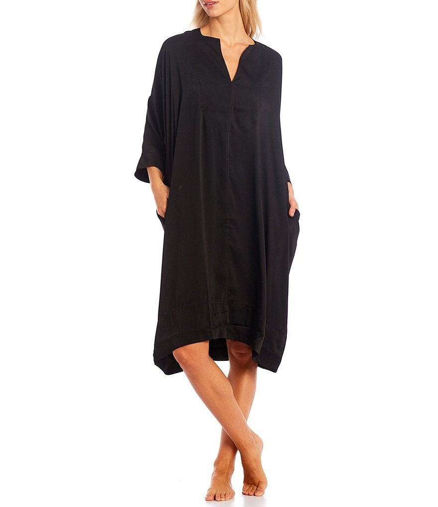 Donna Karan Solid V-Neck 3/4 Sleeve Satin Caftan