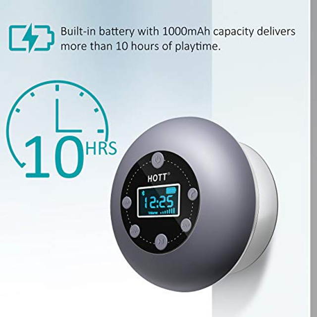 Shower Speaker, Bluetooth Shower Speaker Water Resistant with LCD Clock Display, Loud HD Sound, Suction Cup, HOTT Shower Radio with 10H Playtime, FM, SD Card, Microphone, Free Call for iPhone