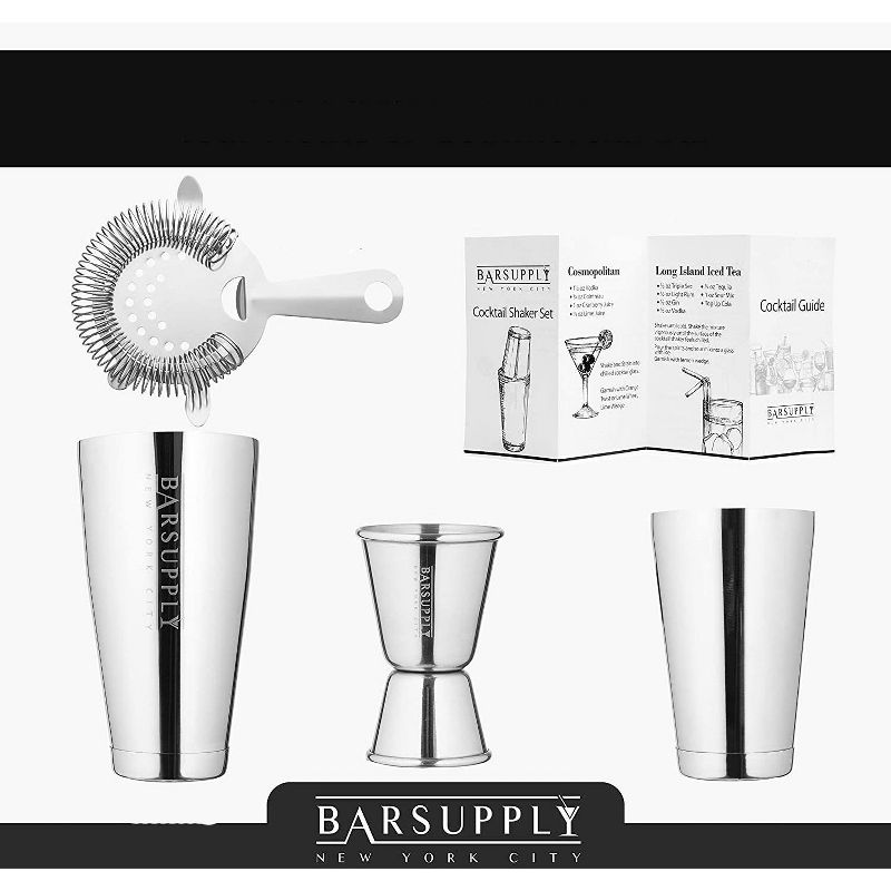 Boston Cocktail Professional  Shaker Set, 4-Piece Bar Set, Stainless Steel 304, 28oz/18oz Weighted Shaker Tins, Hawthorne Strainer, Double Sided Jigger, Recipe Booklet, Bartender Kit - Silver