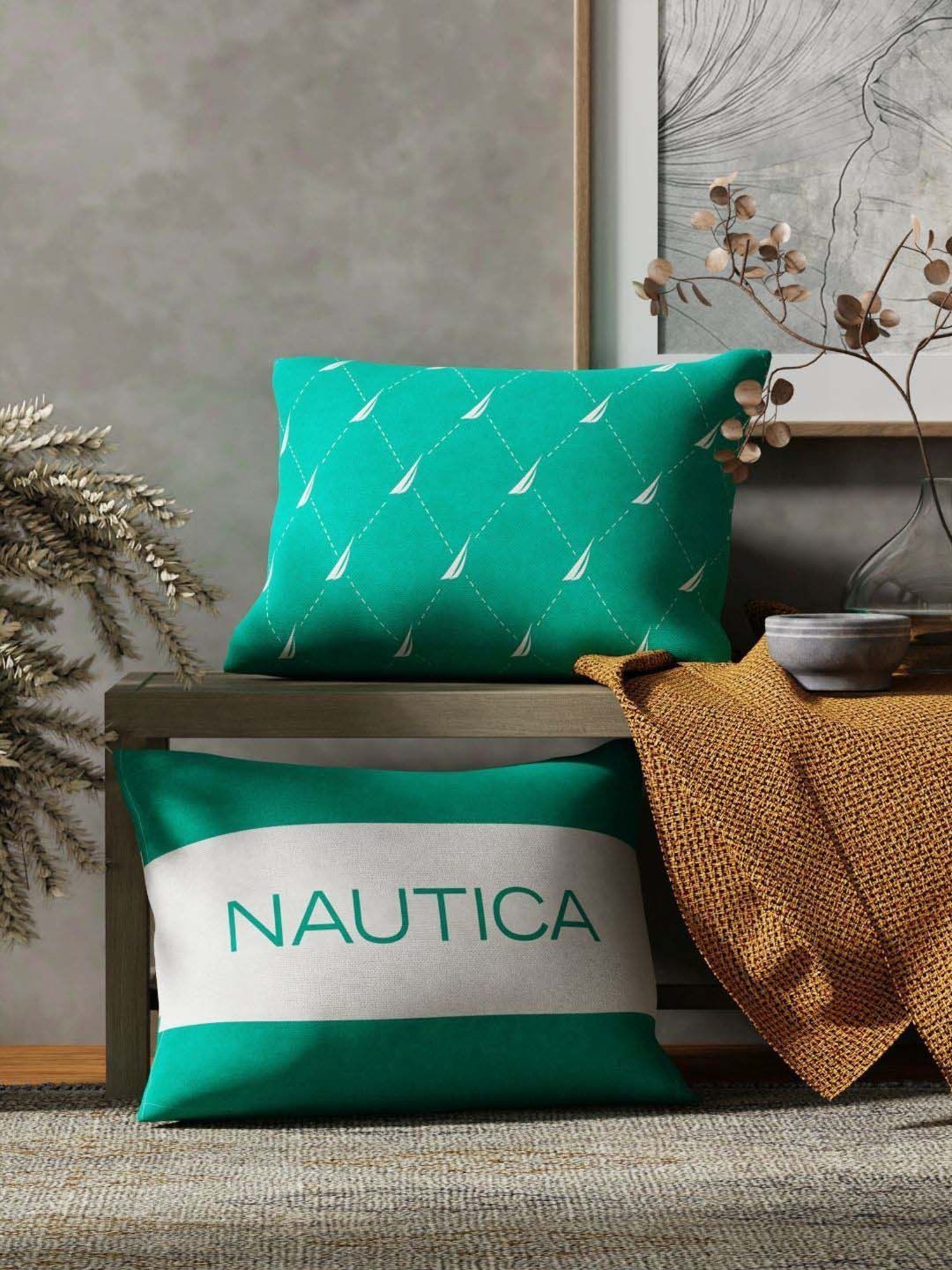 Nautica Logo Stripe Mint Microfibre 300 GSM Premium Cushion Covers - Set of 2