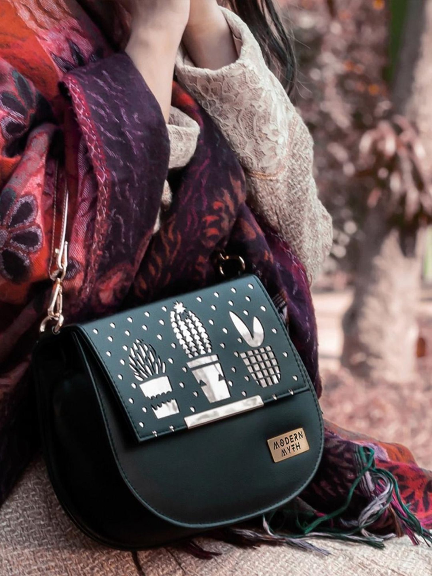 Modern Myth Black Cut Work Medium Handbag