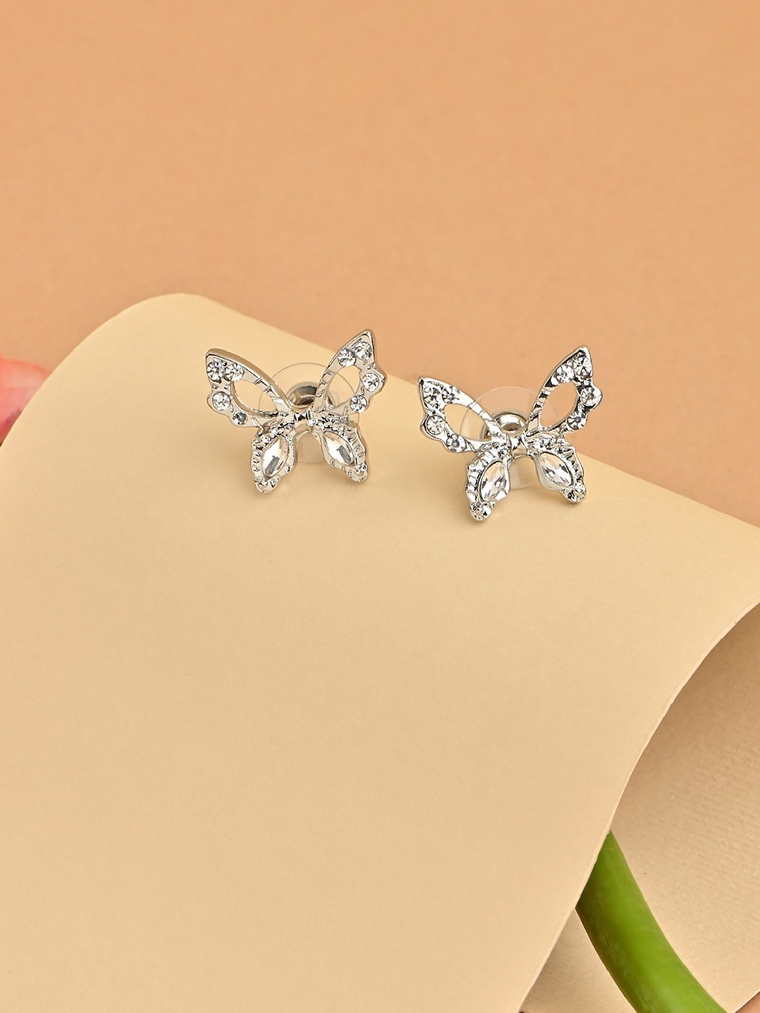 ToniQ Silver Plated CZ Bufferfly pearl Studs Earrings for Women