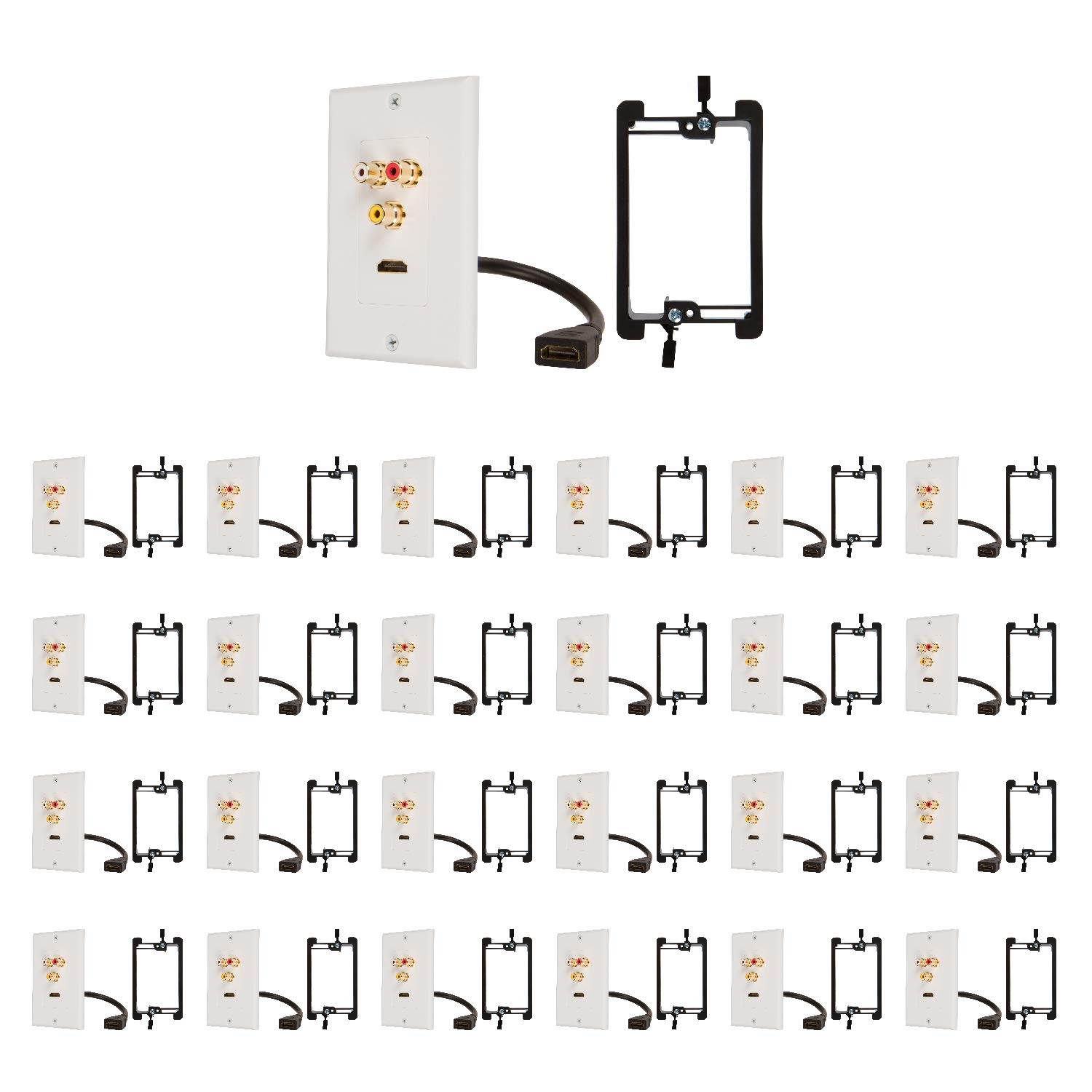 Buyer's Point HDMI Pigtail RCA Wall Plate [UL Listed] with Single Gang Low Voltage Mounting Bracket Device Pack of 25 with White Kit