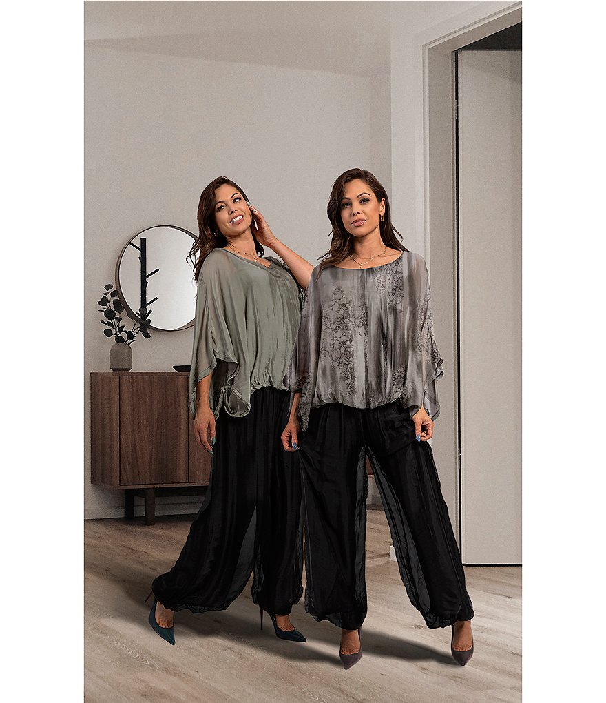 M Made in Italy Silk Blend Multi Combo Print 3/4 Sleeve Bubble Hem Poncho Top