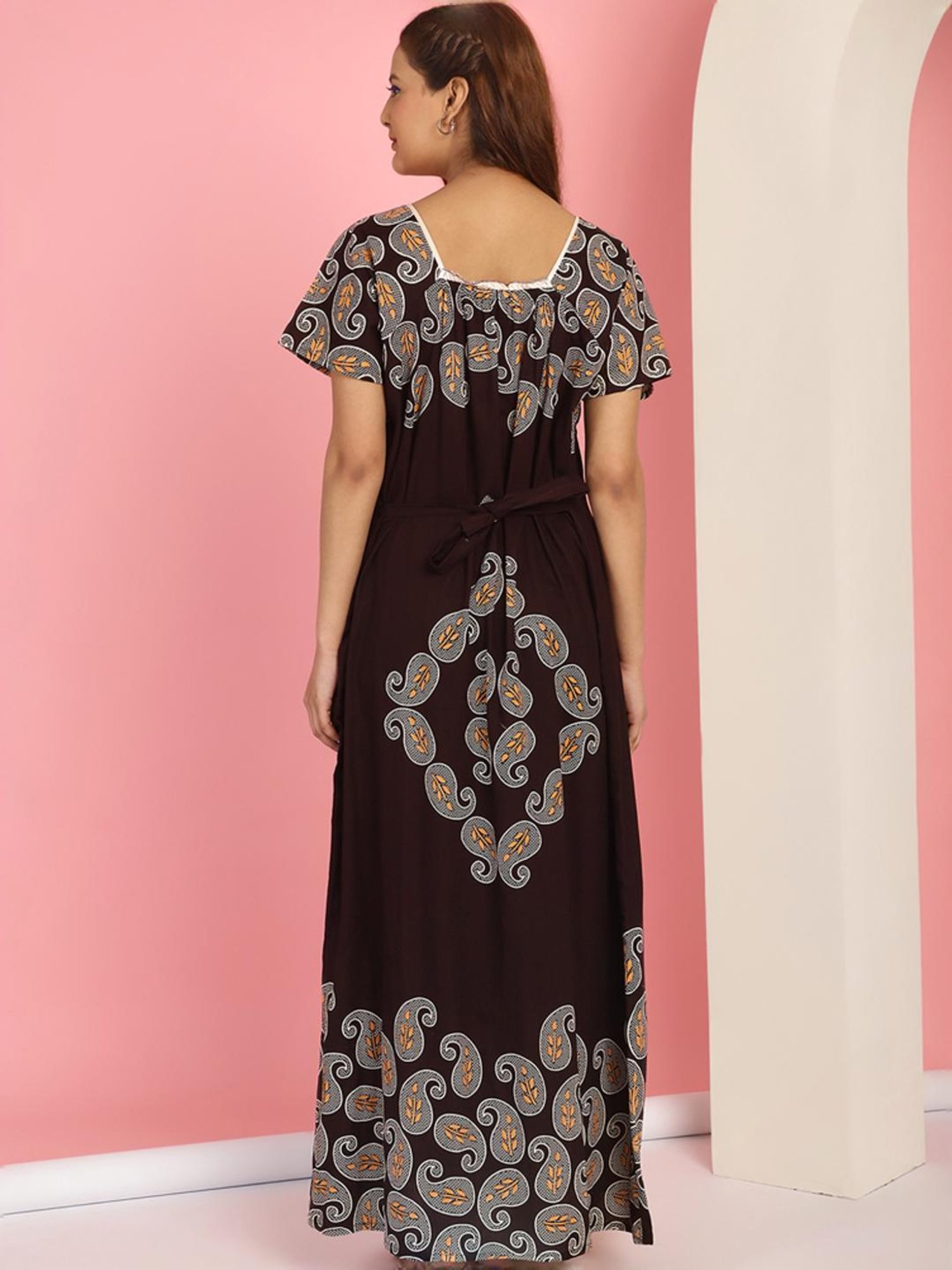 Secret Wish Brown Cotton Printed Maternity Nighty