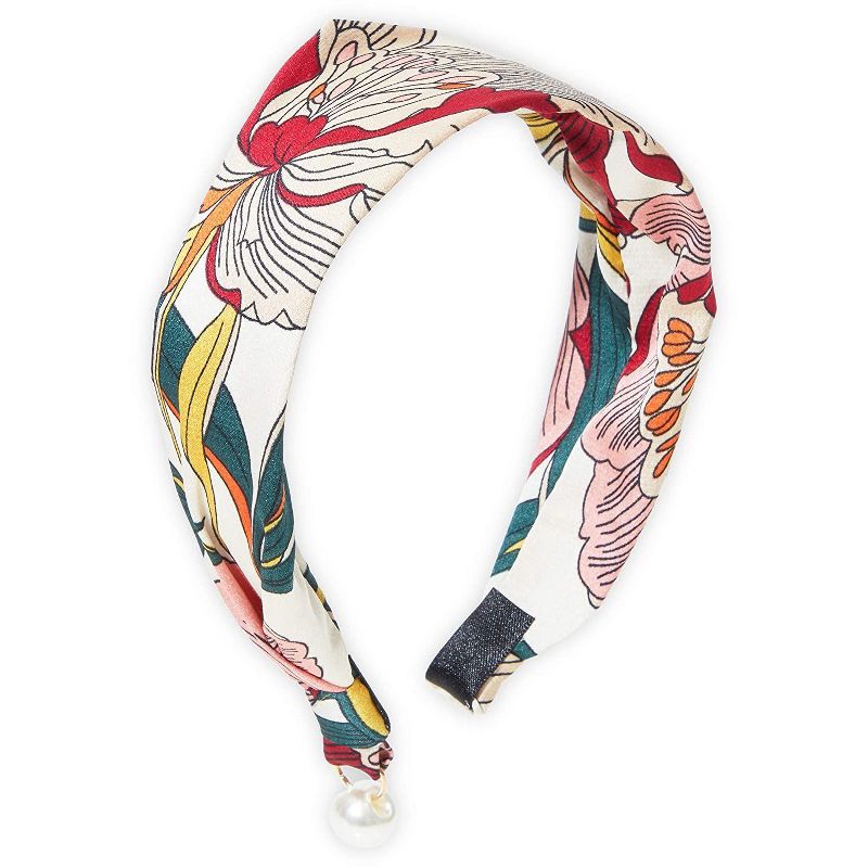 Glamlily 2 Pack Vintage Boho Satin Women's Headbands, Floral Print with Pearls, 5 x 1.7 x 6 in