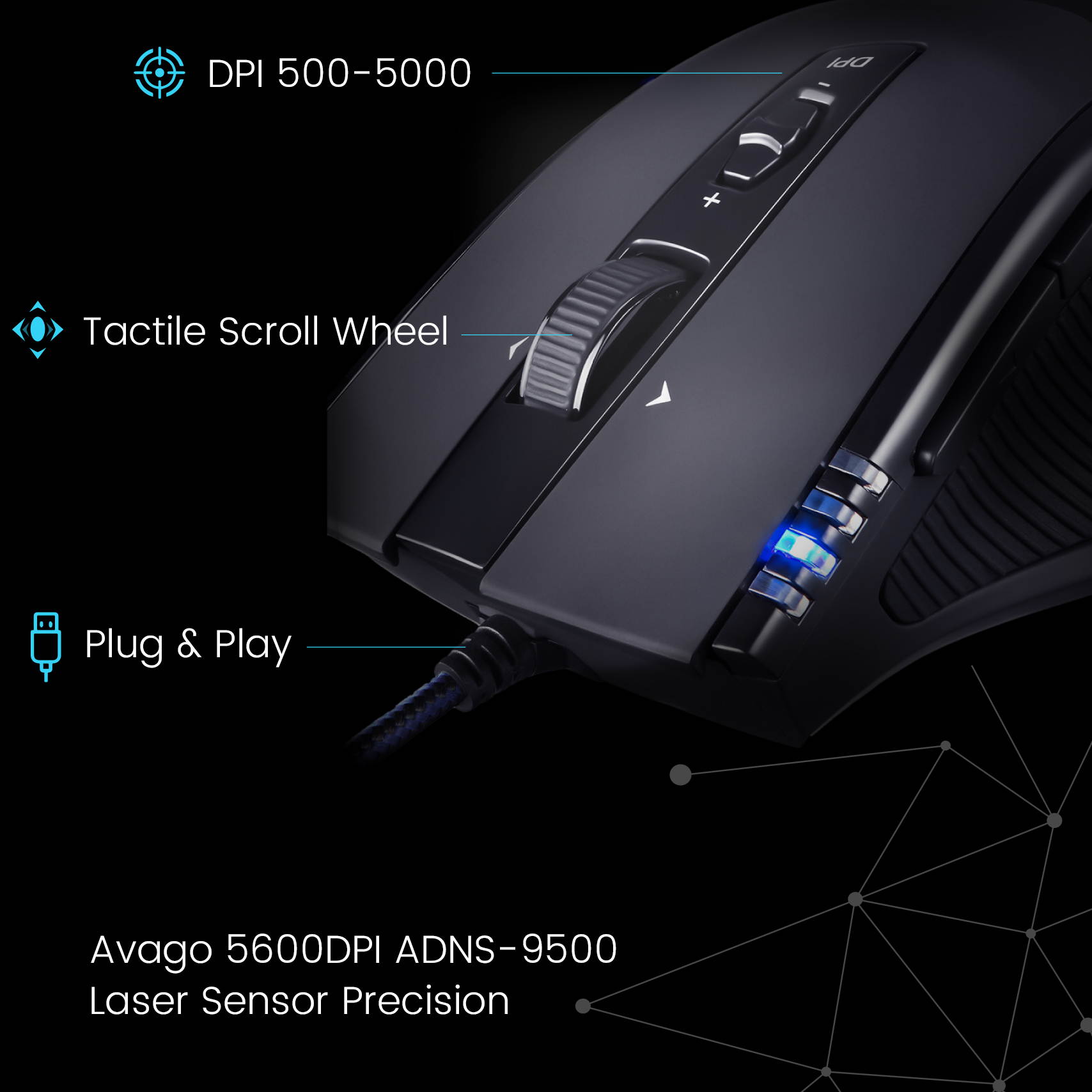 Perixx MX-2000B Ergonomic Laser Gaming Mouse, 11 Programmable Buttons, Adjustable Weight Cartridge, Customizable LED Colors, 500 to 5000 DPI Resolution