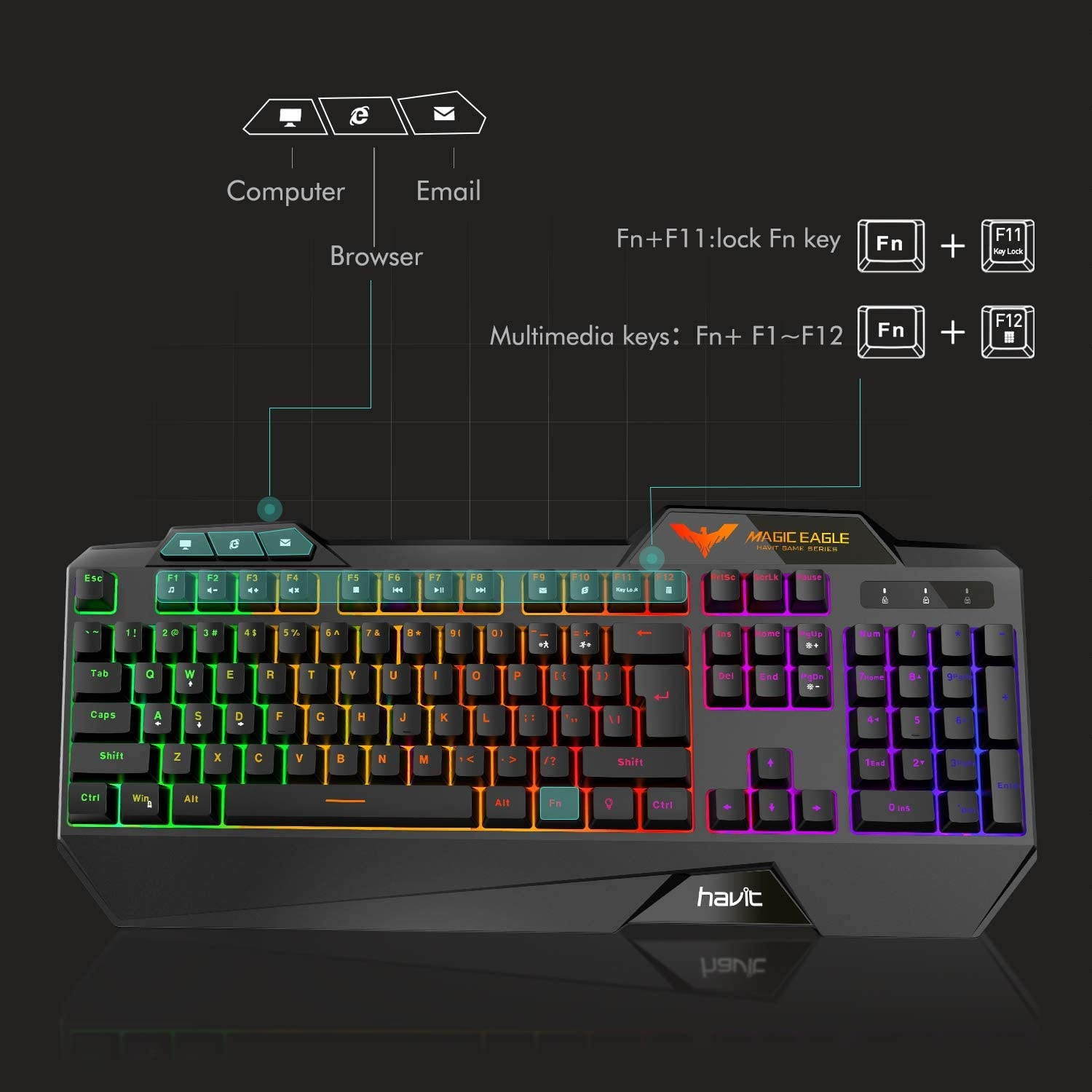 HAVIT Rainbow Backlit Wired Gaming Keyboard 104 Keys LED USB Ergonomic Wrist Rest Keyboard for Windows PC Gamer Desktop, Computer (Black)