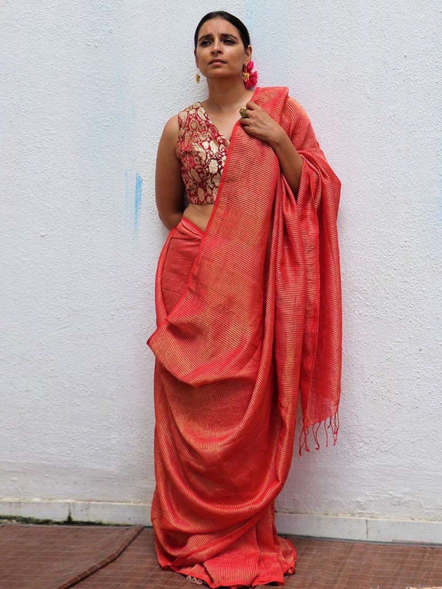 Chidiyaa Saffron Thread of Gold Handwoven Linen Zari Saree