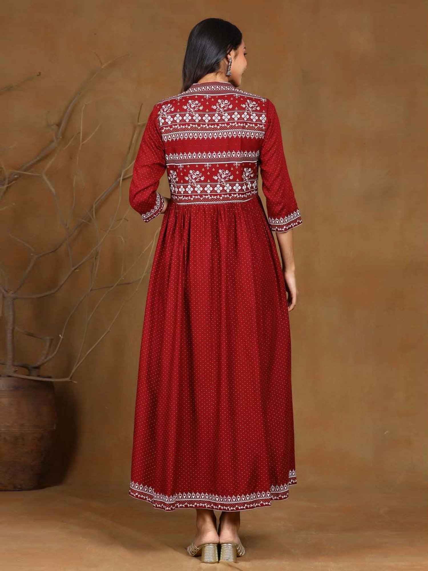 Juniper Maroon Ethnic Motif Printed Rayon Jacket Style Kurta & Pants Set