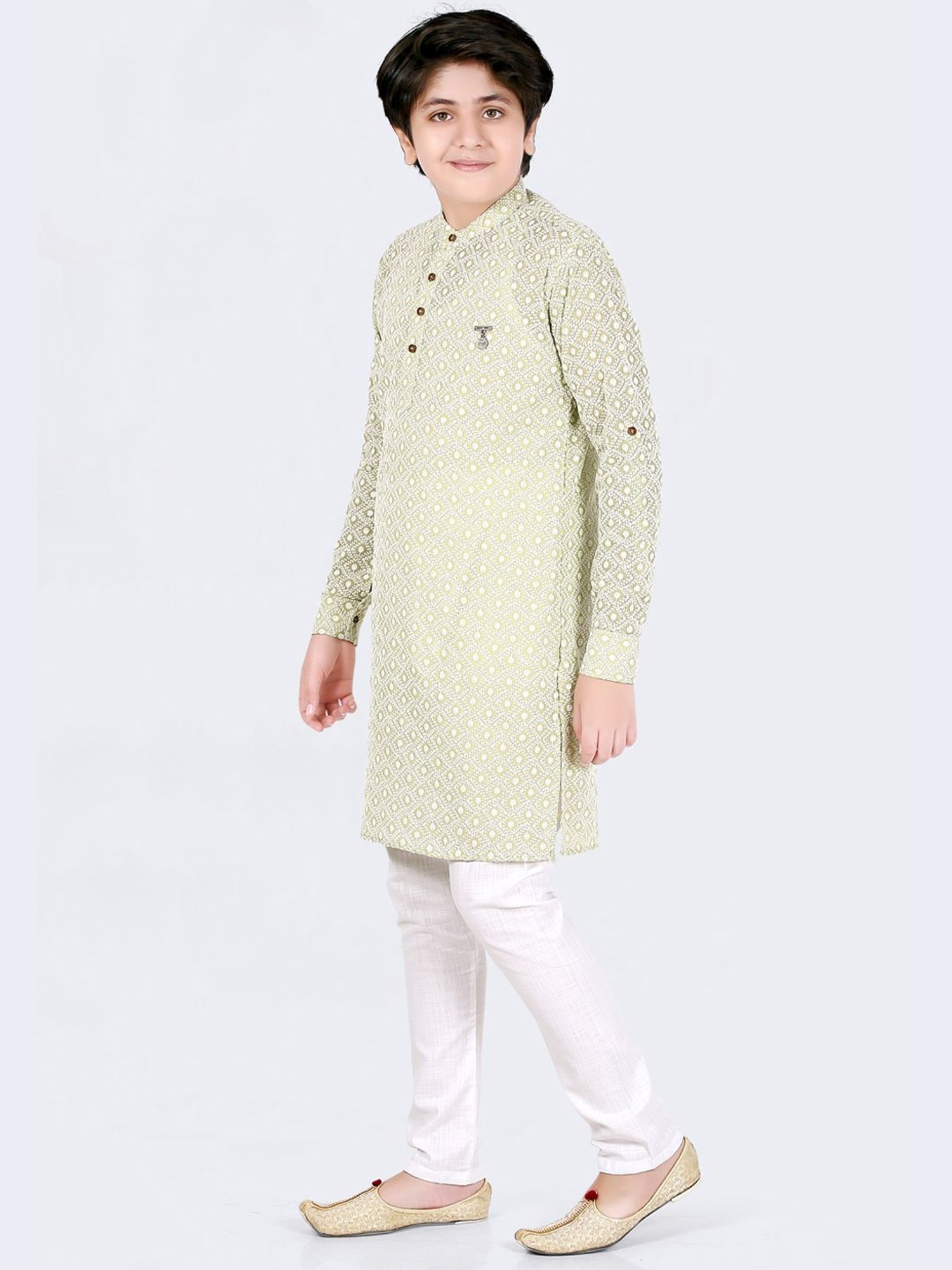 Cavio Kids Pista Green & White Cotton Embroidered Full Sleeves Kurta Set