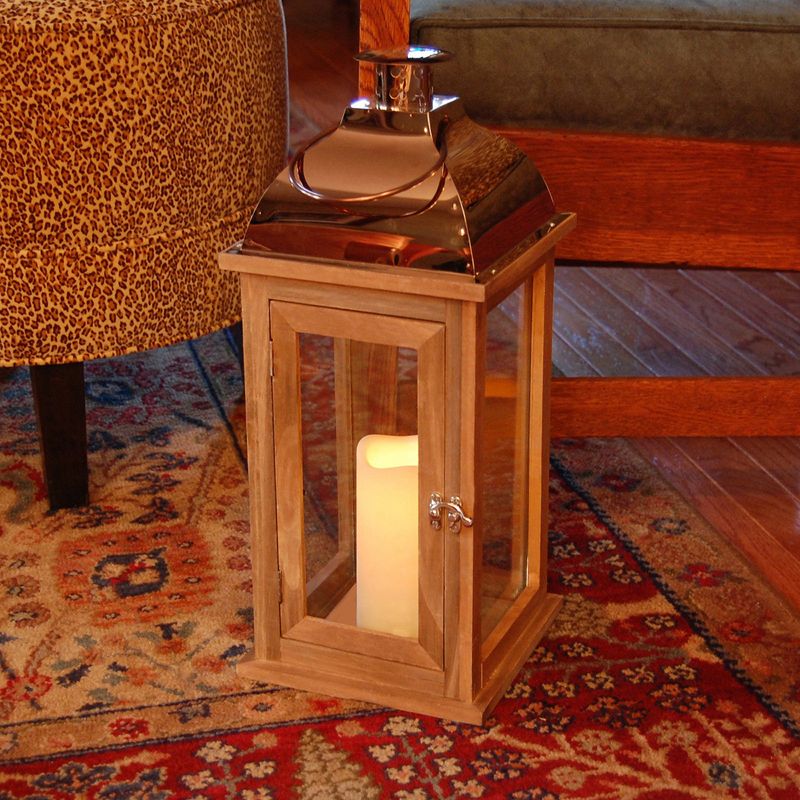 Wooden LED Lantern with Copper Roof and Battery Operated Candle Brown - LumaBase