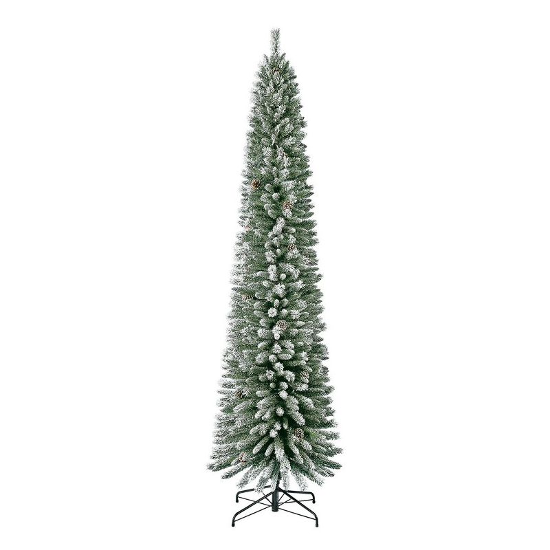 Home Heritage 9 Foot Lowell Snow Flocked Pencil Pine Prelit Decorative Artificial Christmas Tree with Pinecones, Clear White Lights, and Metal Stand