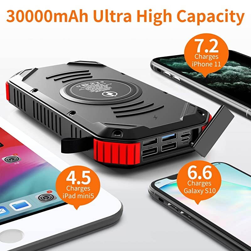 Charger,30000mAh Power Bank, PD 18W 3A Quick Charge, Wireless Protable Charger w/ 6 outputs Type-C, 4 Lighting Modes IP65 Waterproof Shockproof for iOS Android
