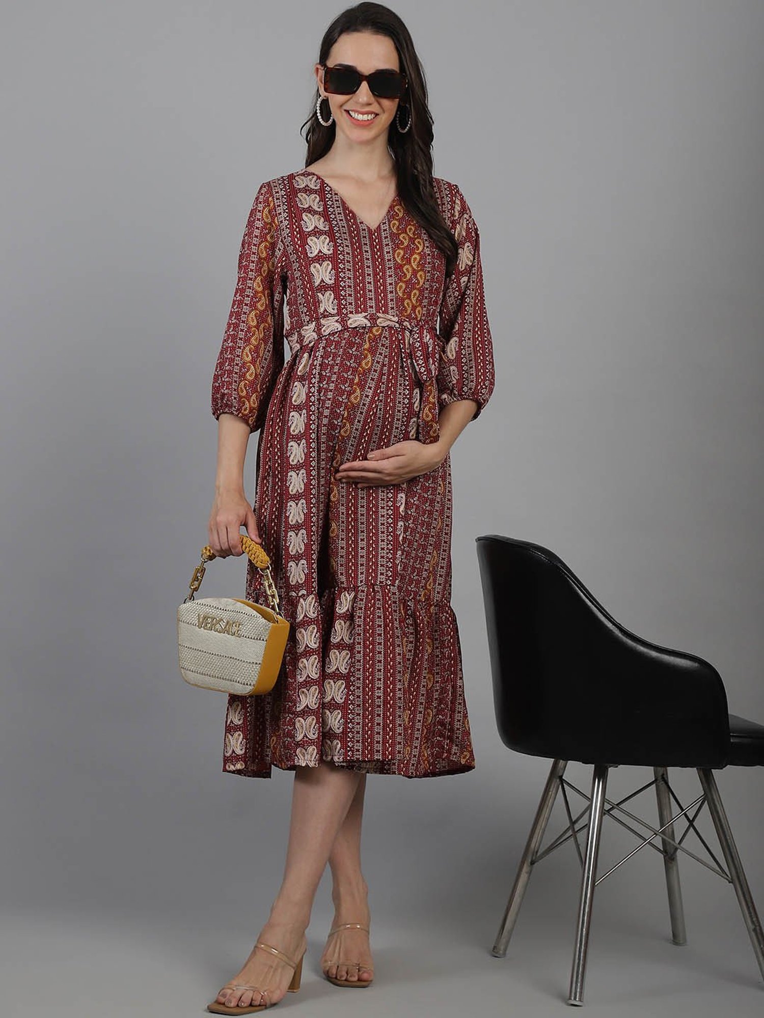Moms Maternity Maroon Printed Maternity Midi Dress