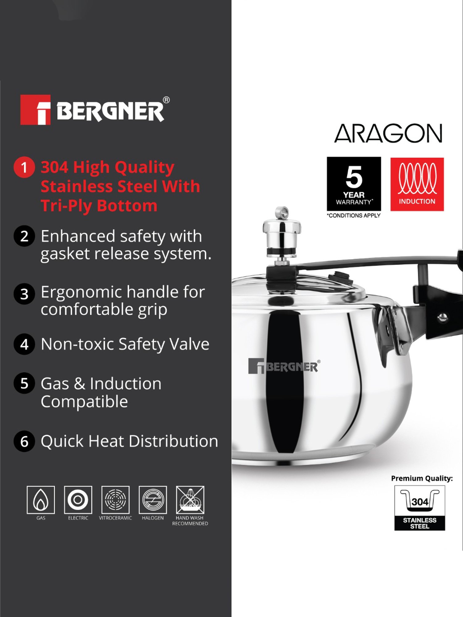 Bergner Silver Stainless Steel Induction Base Pressure Cooker with Inner Lid (3 L)
