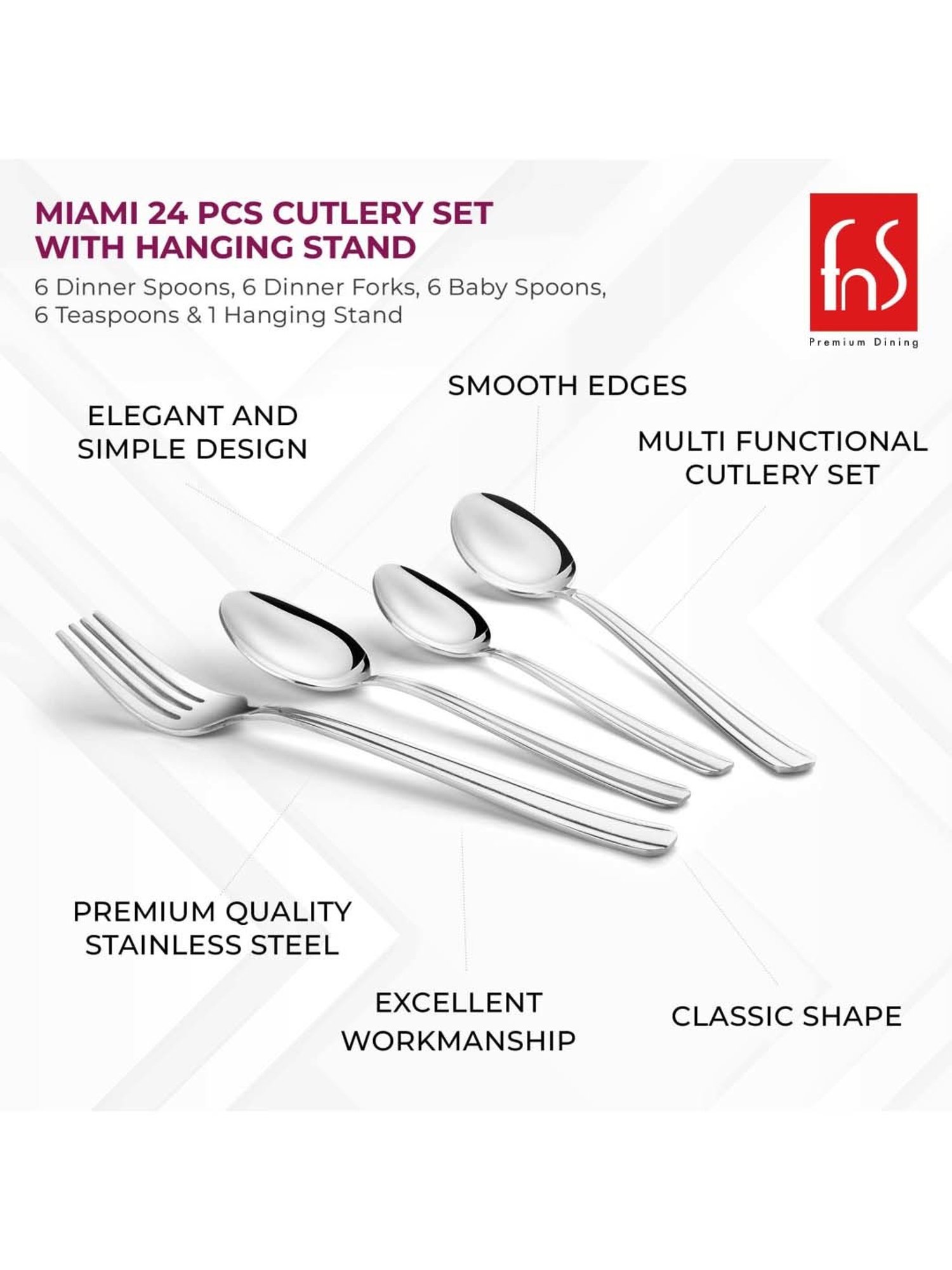 FnS Miami Silver Stainless Steel Cutlery - Set of 24