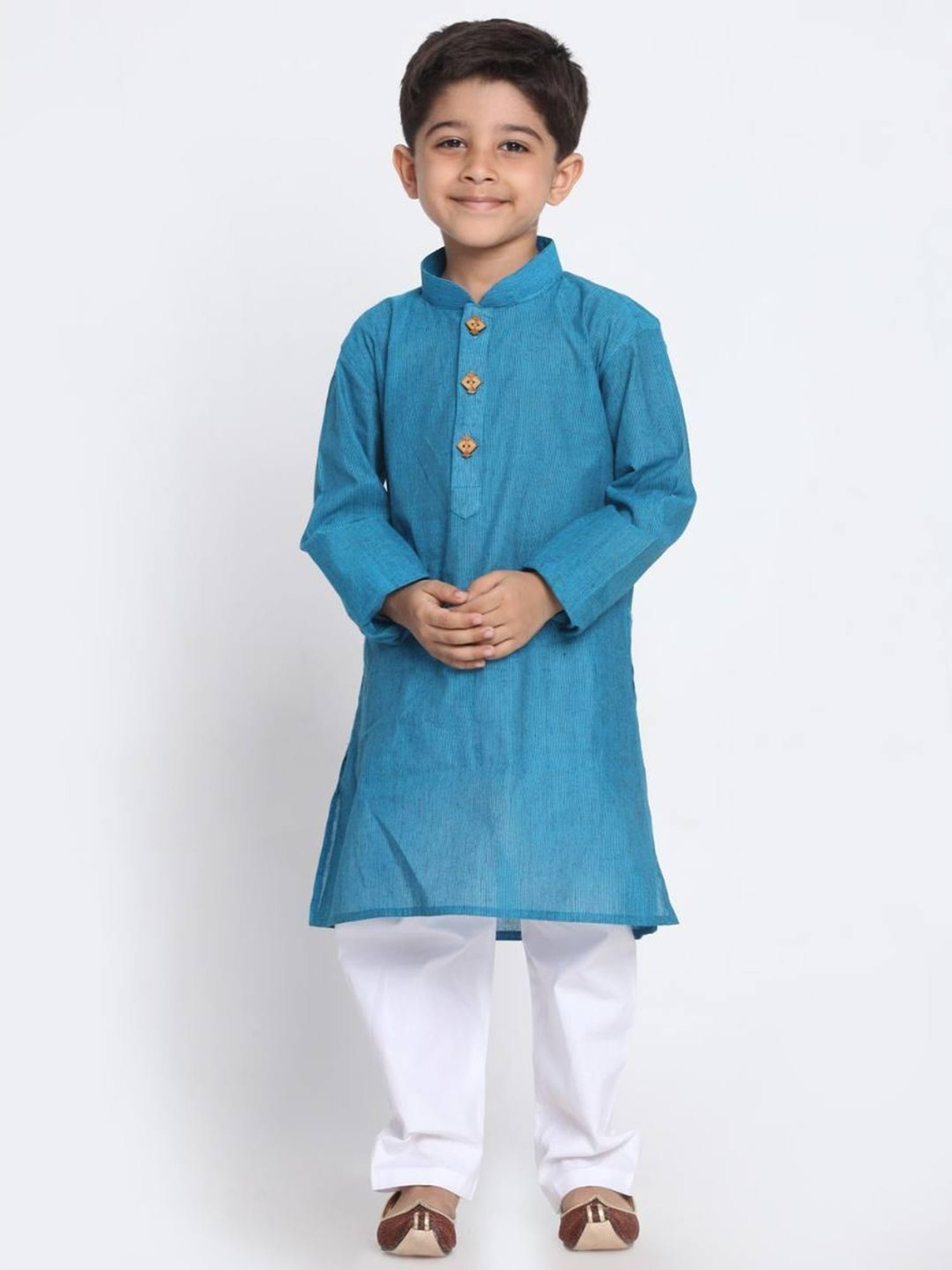 VASTRAMAY Kids Aqua Blue Cotton Striped Kurta