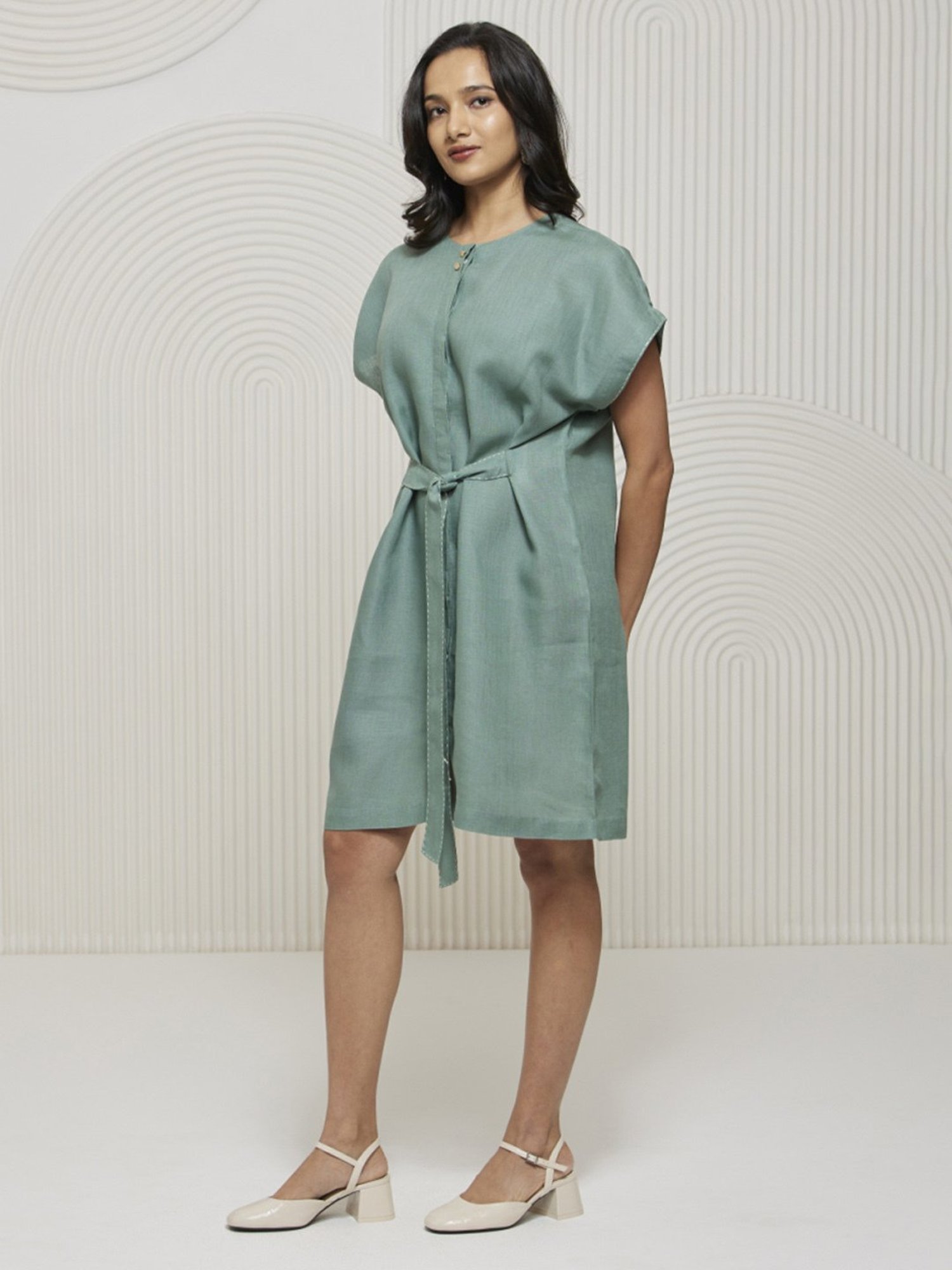 Artagai Nilgiri Green Kantha Extended Sleeve Dress with Front Tie Up