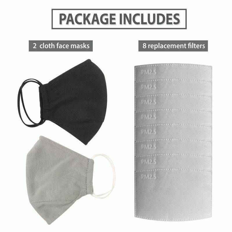 2 PCS Cotton Face Mask Reusable Washable + 8 PCS PM2.5 Filters Unisex Black Gray