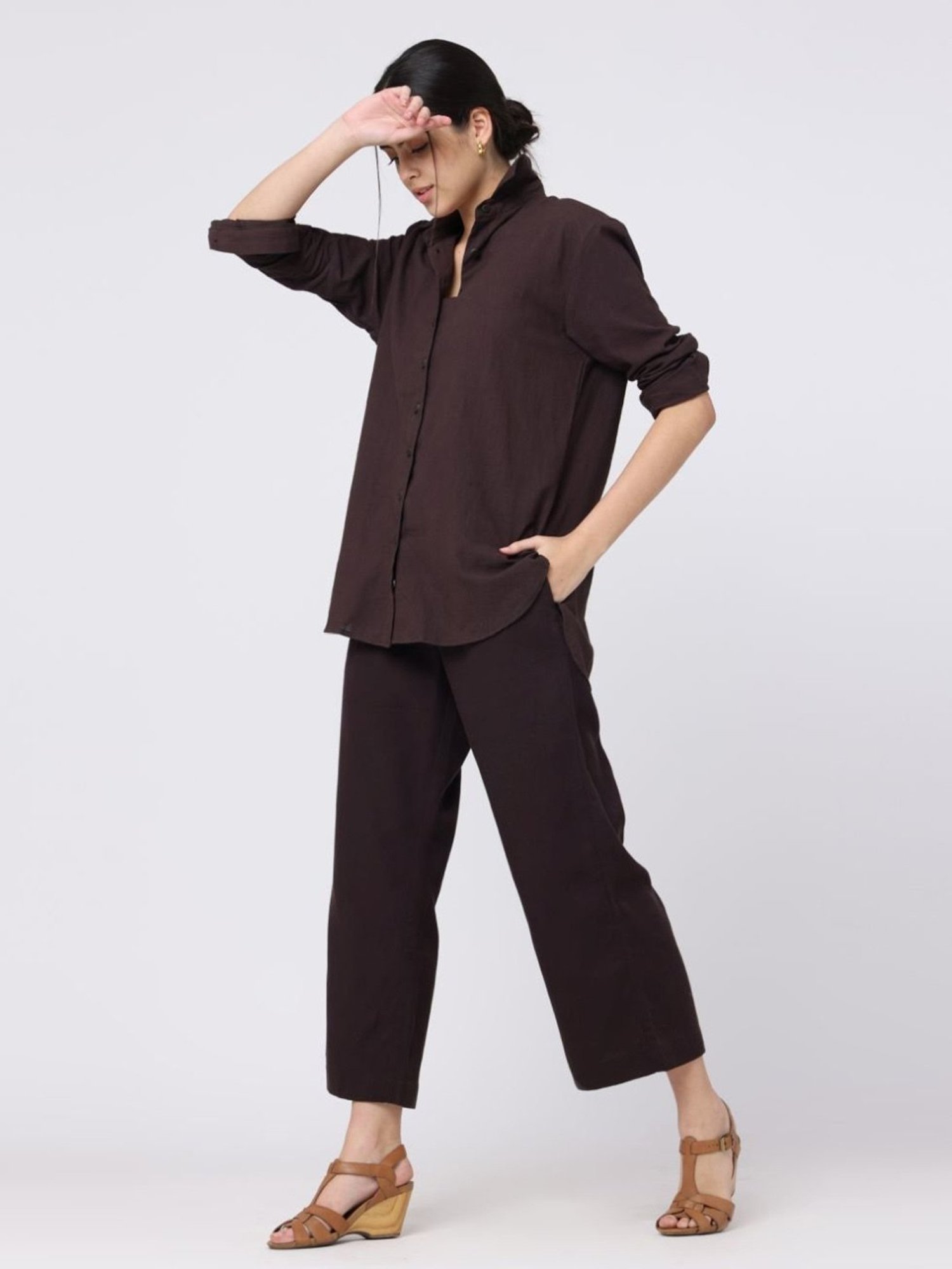 Saltpetre Elegant LInen Coffee Brown Shirt with Wide leg Trousers Co-ord Set
