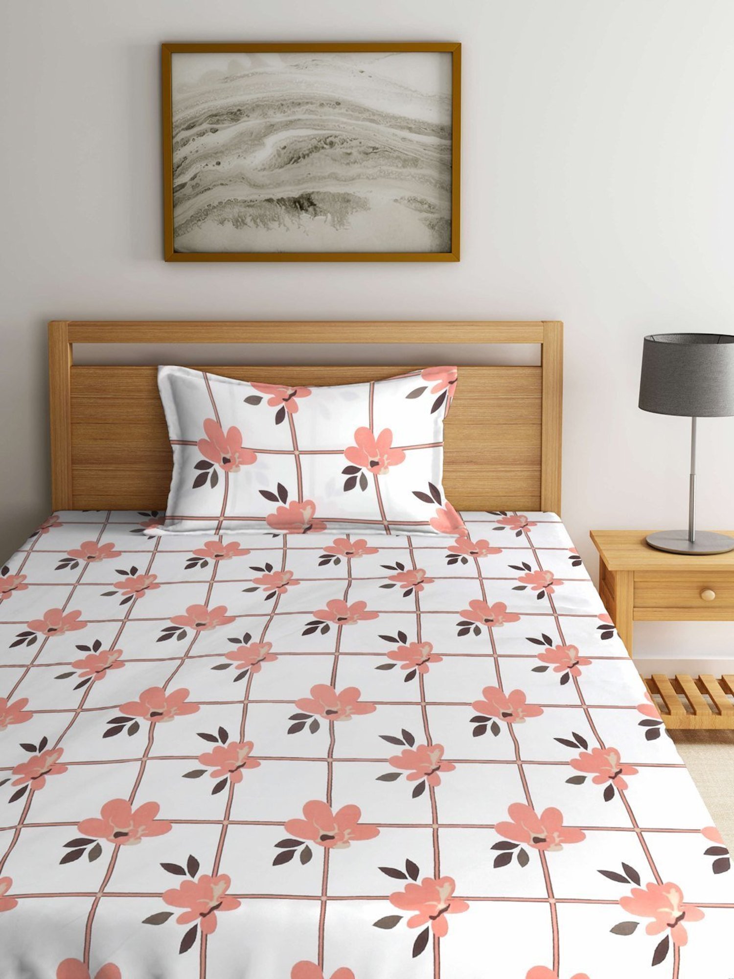 Klotthe Floral Peach 300 TC Cotton Blend Single Bed Sheet with Pillow Cover