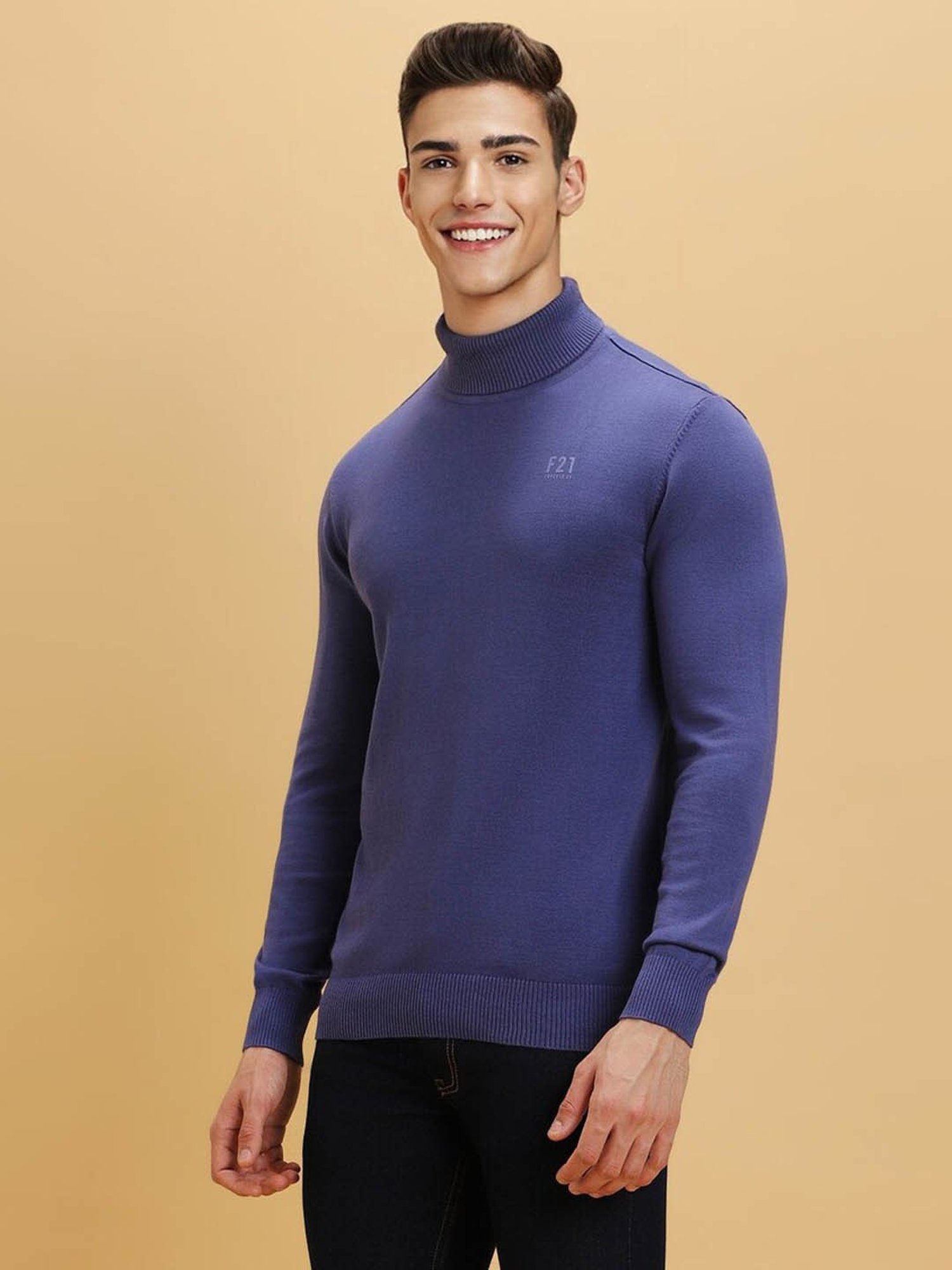 Forever 21 Blue Cotton Regular Fit Sweater