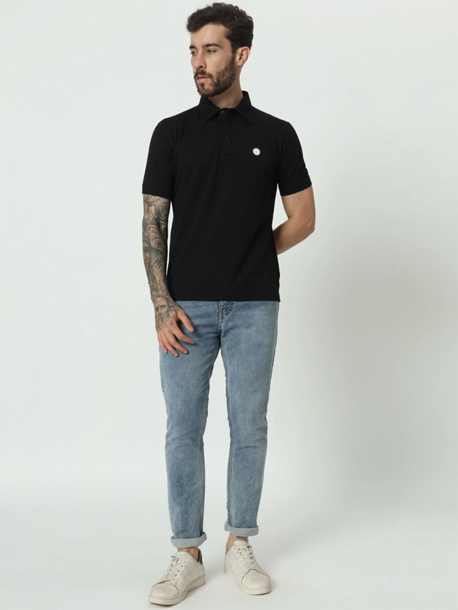 Tab91 Black Regular Fit Self Pattern Polo T-Shirts