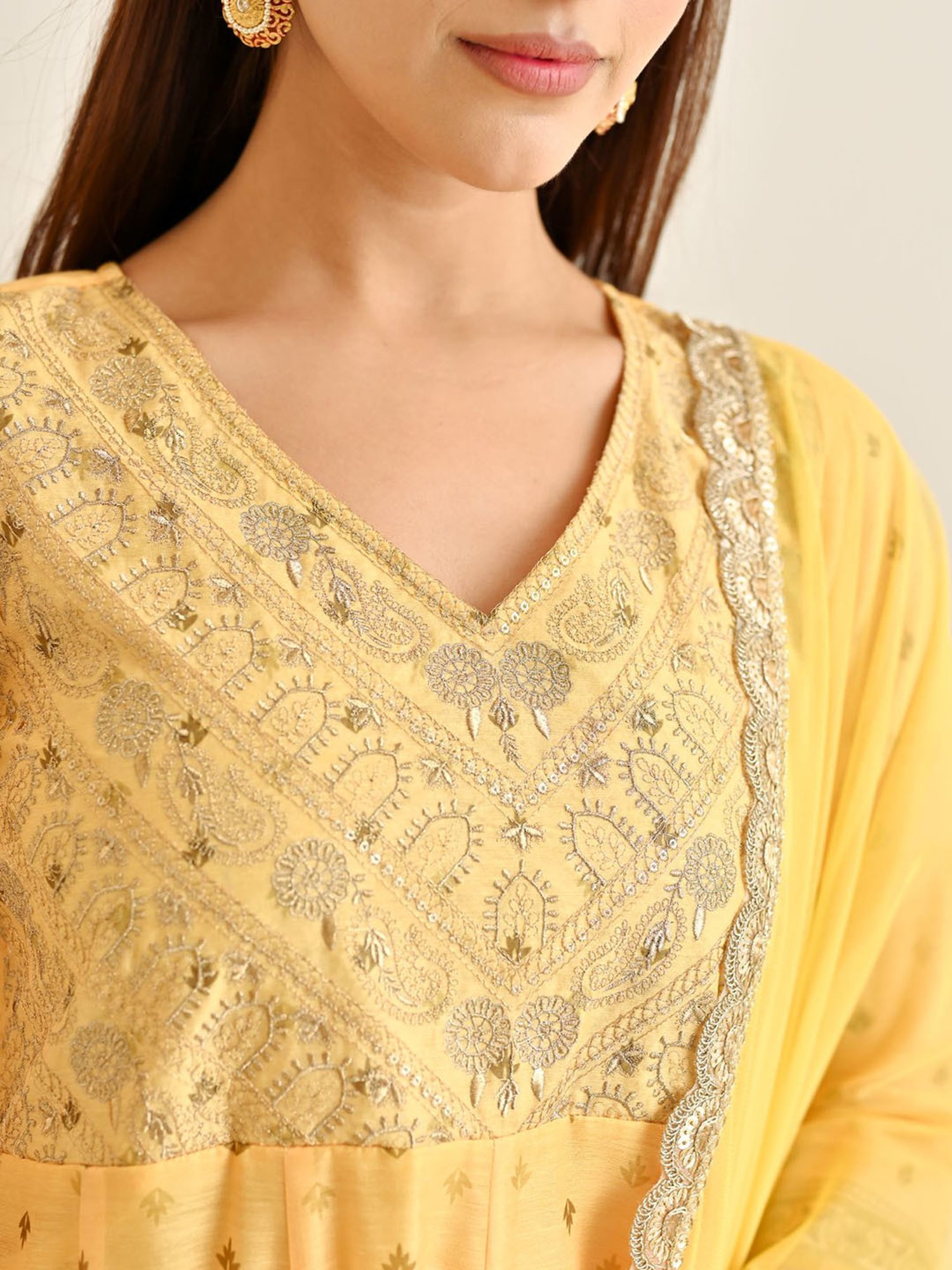 Rustorange Yellow Embroidered Kurta With Pant & Dupatta
