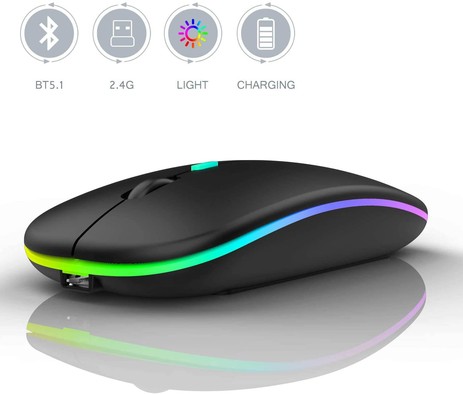 LED Bluetooth wireless mouse, MacBook Pro Bluetooth mouse, MacBook Air Bluetooth mouse, rechargeable wireless mouse, suitable for MacBook, laptop, Mac, ipad, iPad Pro (black)