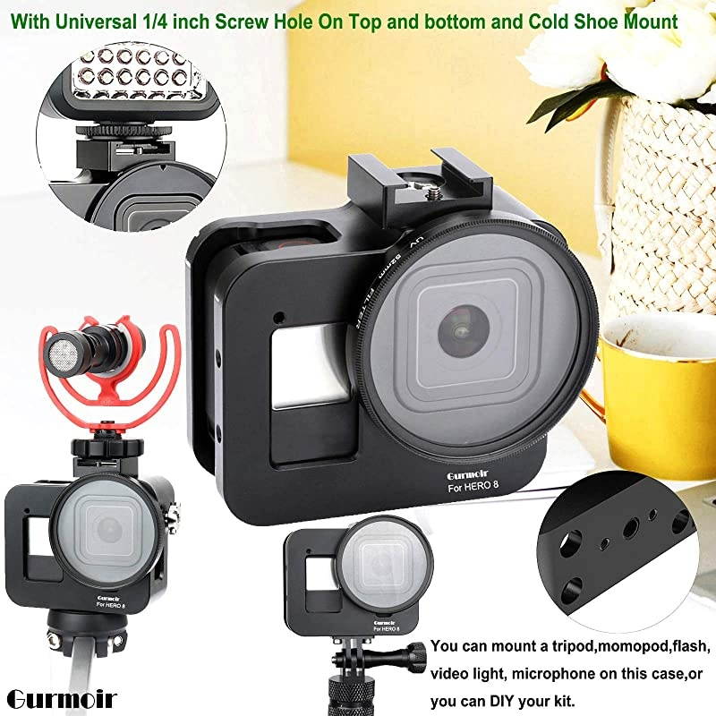 Back Door Case Aluminum Alloy Frame Housing for Gopro Hero 8 Black Action Camera, Wire Connectable Protective Metal Side Open Shell with 52mm UV Filter for Gopro Hero 8