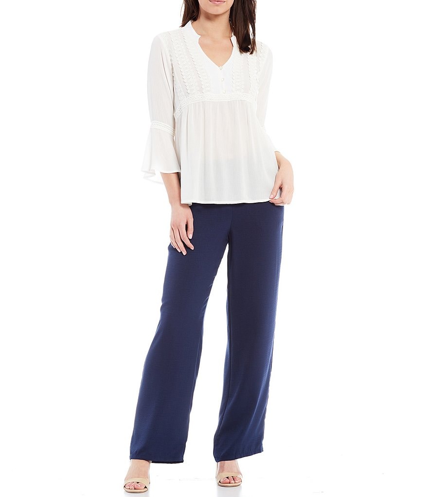 I.N. Studio Solid Crepon Scalloped Edge Trim Split V-Neck 3/4 Bell Sleeve Top