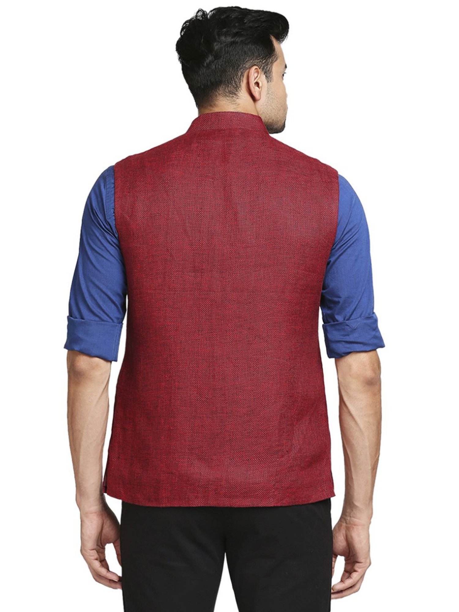 Colorplus Dark Red Tailored Fit Self Pattern Nehru Jacket