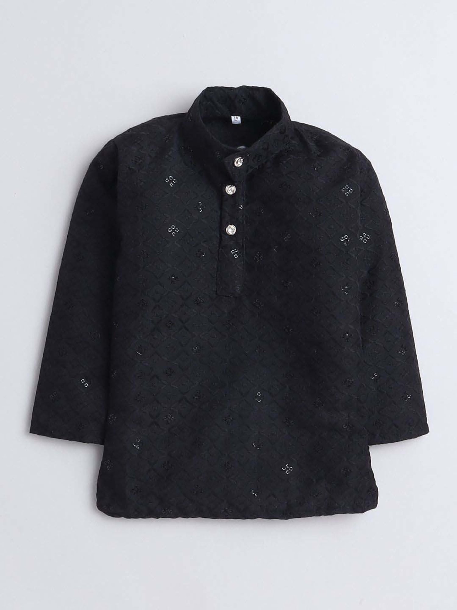 Fourfolds Boys Black Cotton Embroidery Full Sleeves Kurta Set