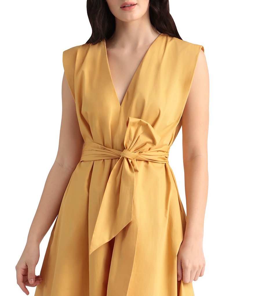 Maggy London Petite V-Neck Tie Waist Cotton Poplin Midi Dress