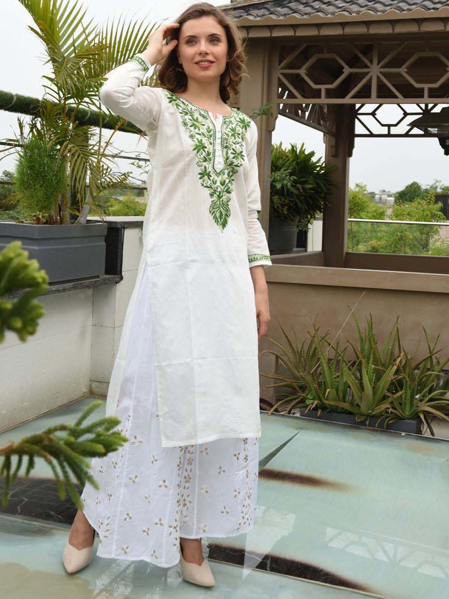 SHADES White Chanderi Chikankari Straight Kurta