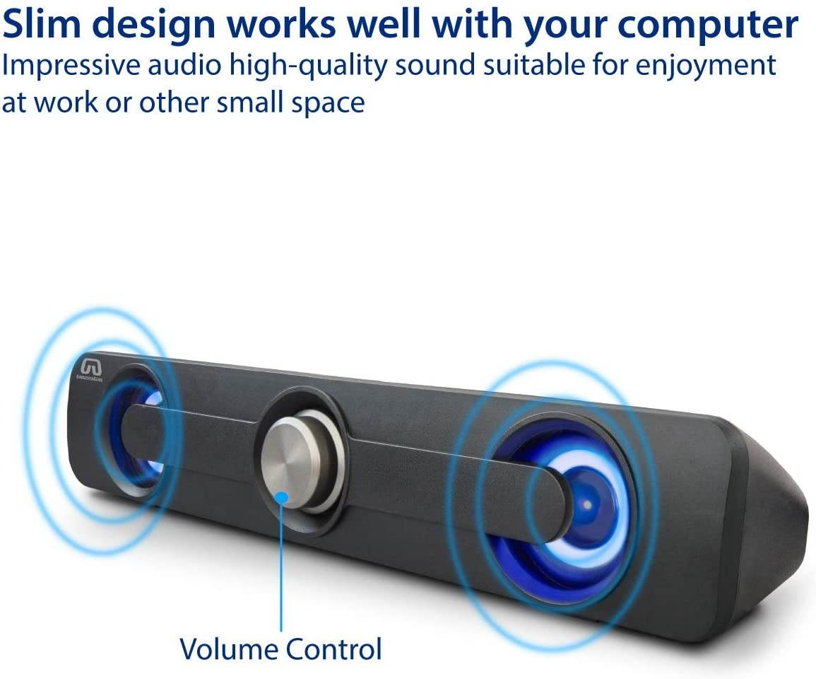 GamesterGear Desktop Compact USB Powered Wired Multimedia Mini Stereo Sound Bar 3.5mm Audio Jack Blue LED 2.5 Watts SY-SPK20234